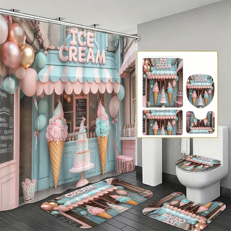 2D Flat, 4pcs Pastel Ice Cream Parlor Shower Curtain & Bath Mat Set with U-Shaped Rug & Toilet Cover - Non-Slip Suitable for Sweet Decor, Pink Blue Dessert Print Bathroom, Cute Gift for, 2D Flat