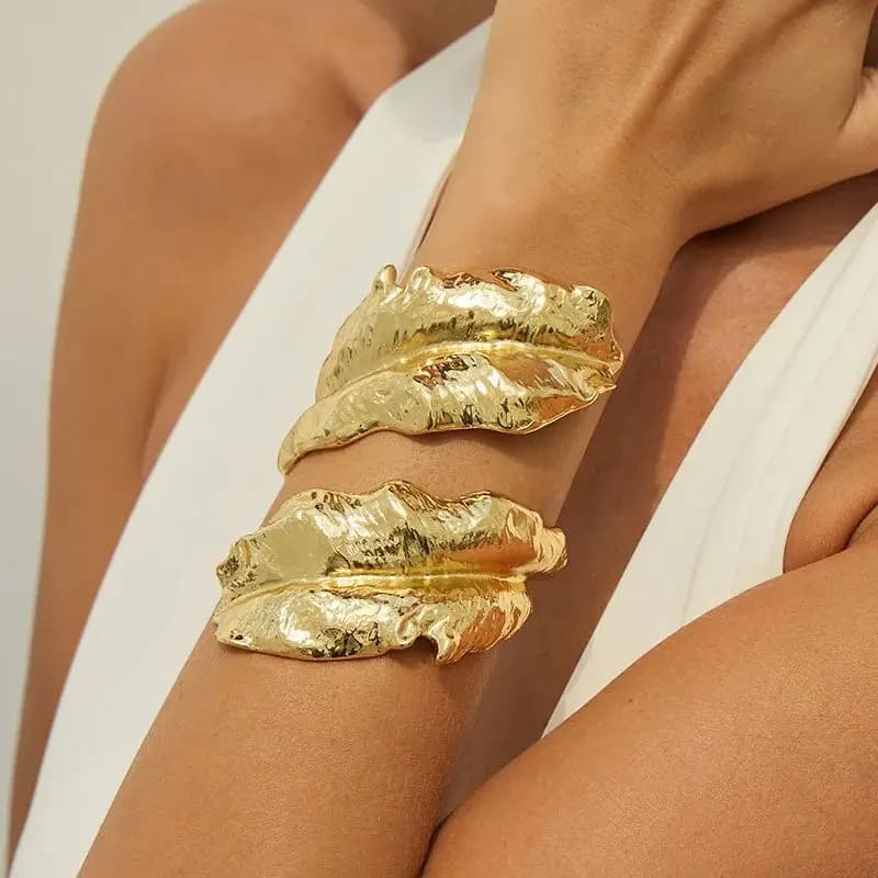 DIEZI Exaggerated Gold Silver Color Metal Leaves Cuff Bangles for Women Men Punk Geometric Wrap Bangle Bracelet Party Jewelry