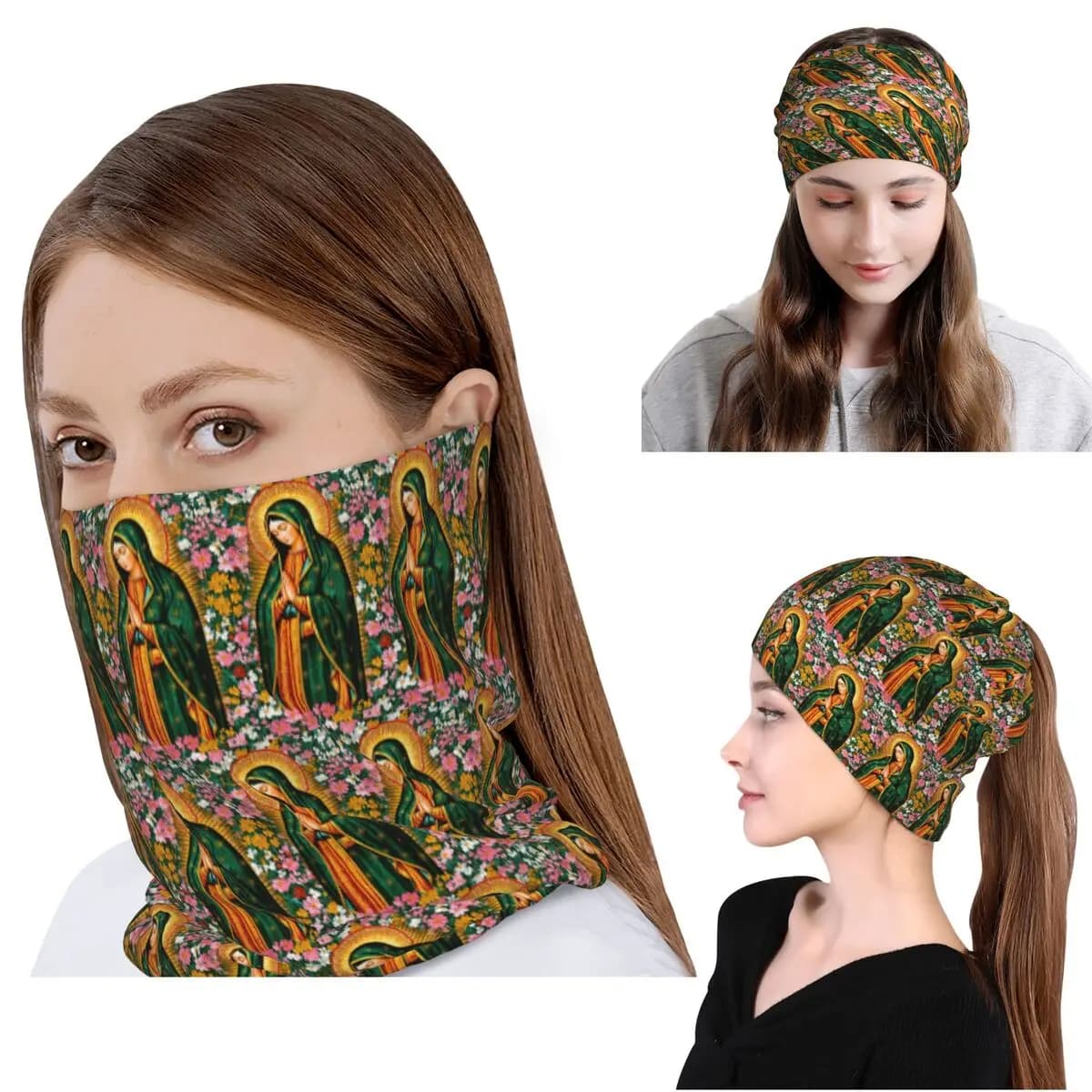 Bandana messicana con stampa della Madonna di Guadalupe, sciarpa avvolgente per il collo, fascia per la testa multiuso, berretto, cappello unisex per adulti, lavabile