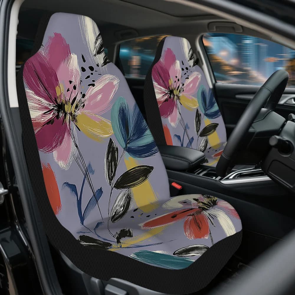 2pcs Abstract Floral Brushstrokes Car Seat Covers Set – Universal Fit For 2 Front Seats, Durable High-Quality Woven Polyester, M