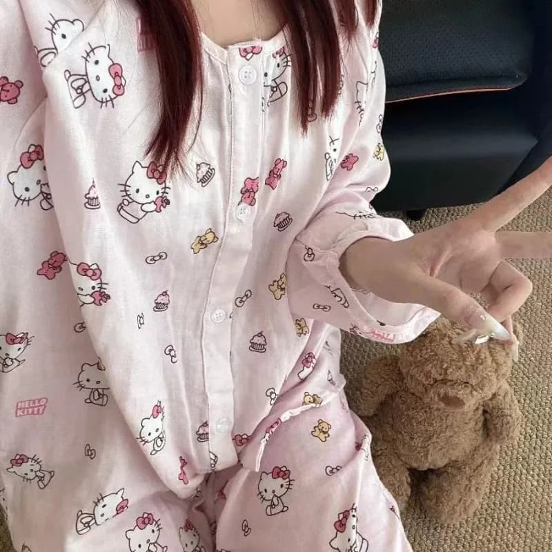 Set da 2 pezzi di pigiami Sanrio Hello Kitty, pantaloni stampati con motivi anime, set pigiama kawaii, morbidi e confortevoli, abbigliamento casual per la casa