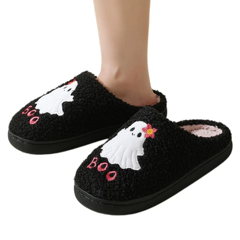 Kawaii Ghosts Halloween Plush Slippers Non-slip Plush Winter Fluffy Slippers Warm Toe Wrap Soft Plush Slippers Unisex