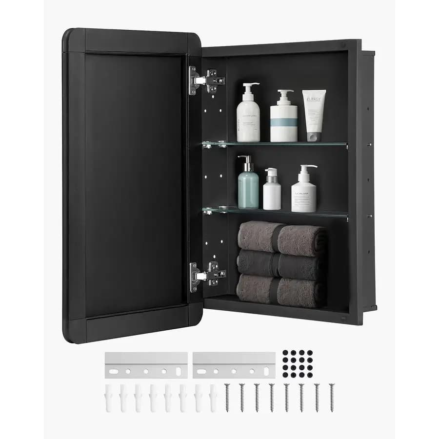 Armadietto per medicinali, 16 x 24 pollici, Armadietto per medicinali da bagno con specchio, Armadietto da parete per bagno con struttura in alluminio, 2 strati regolabili