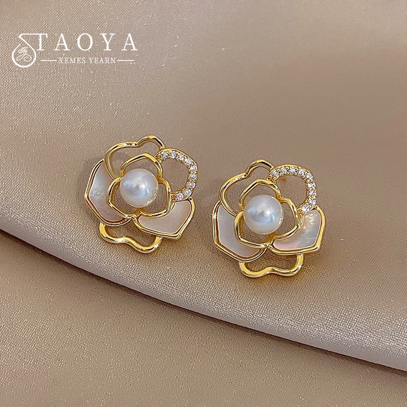 Semi Hollowed Out Gold Color Magnolia Pearl Shell Earrings 2025 Jewelry Party Girls' Luxury Accessories Women's Exquisite Gifts
