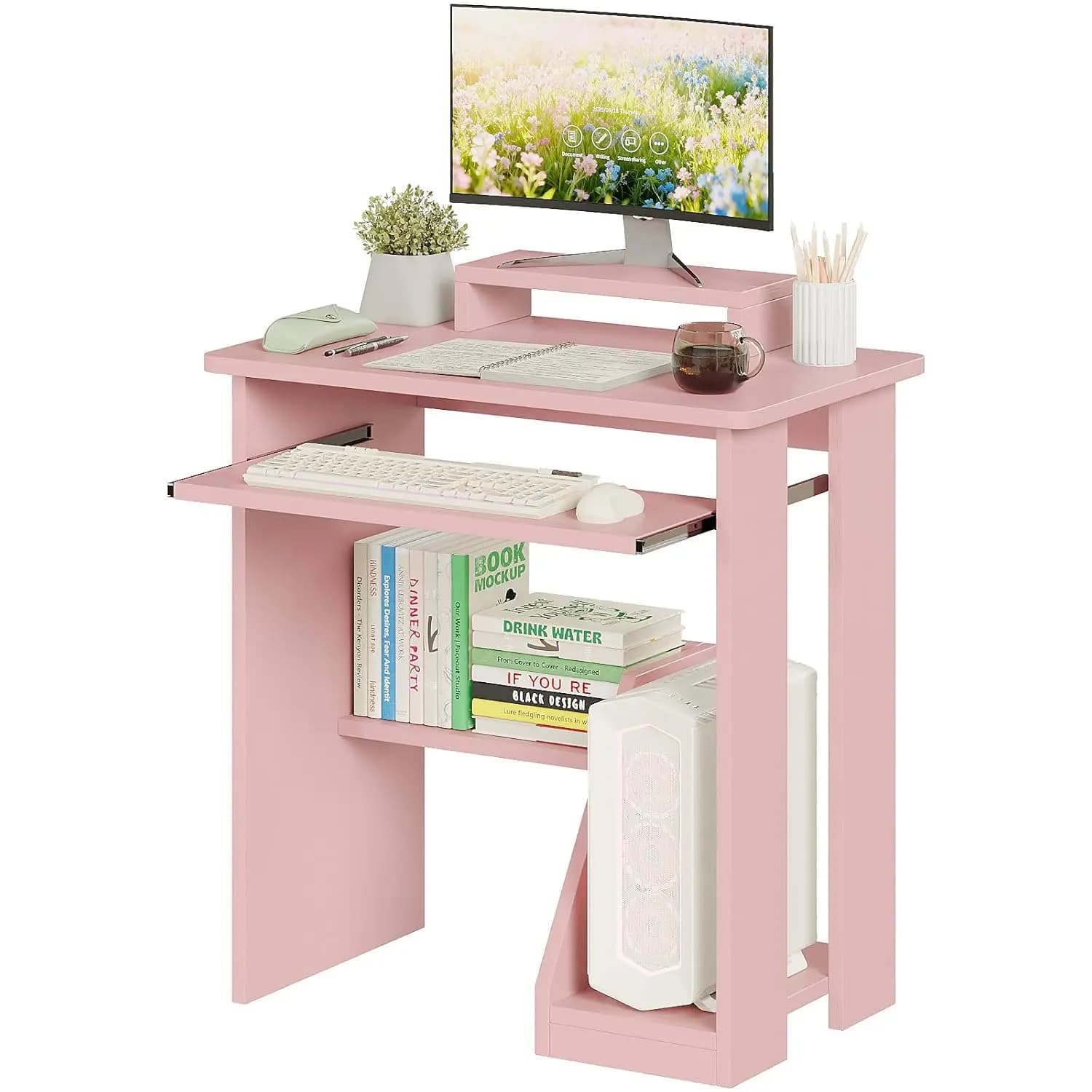 Small 30" computer desk with monitor support with keyboard tray, study desk with storage shelves, modern work station for small