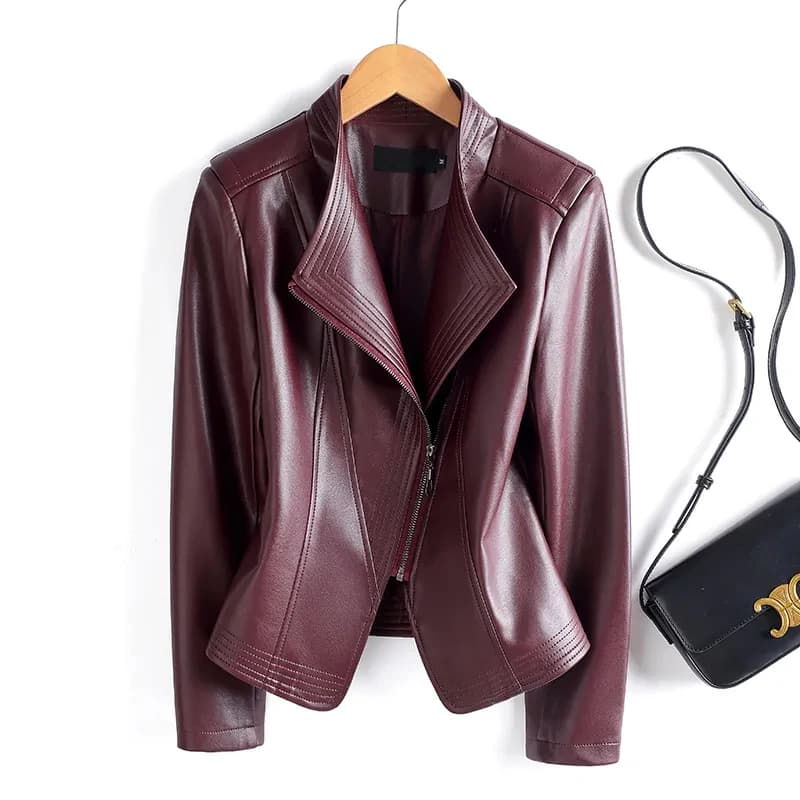 M-5XL Giacca in pelle di pelle di pecora Donna Breve Slim Giacca in pelle divisa Cappotti 2024 Chic Ladies Nero/Vino Rosso Capispalla in pelle Top