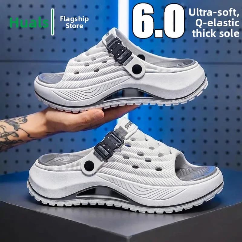 Men's Sporty Outdoor Summer Slippers Anti-Slip Thick Bottom Sandals Beach Shoes Two-Way Wear Driving Comfortable Breathable