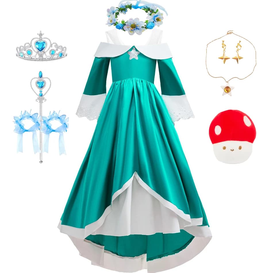Vestito Cosplay Rosalina per Bambine, Abito in Raso a Maniche Lunghe con Kit Completo di Accessori, Perfetto per Halloween e Feste a Tema