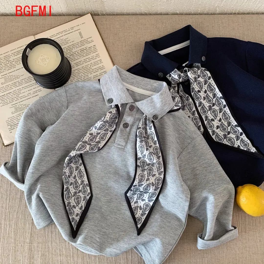 Beautiful cotton polo for children 2-10 years 2025 Autumn Spring New grey t-shirt + Silk scarf Base shirt for children long sleeves navy blue