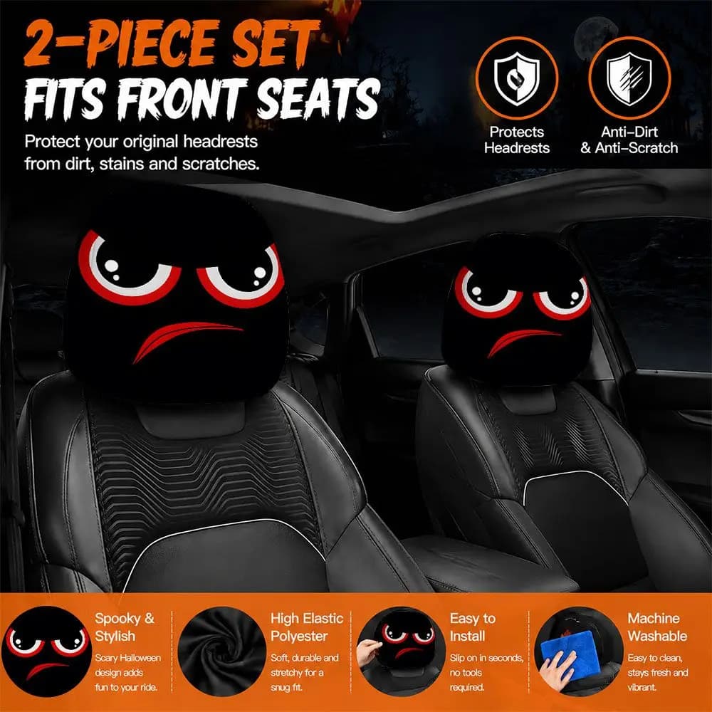 Cartoon Angry Face Car Headrest Cover With Red Ringed Eyes And Pouting Mouth Universal Fit Auto Seat Pillow Decor For Daily Use