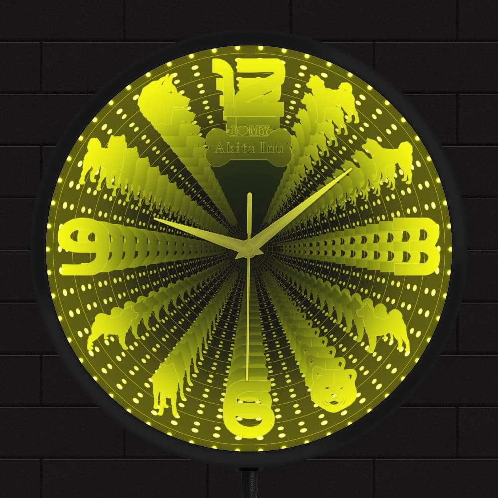 Splendido Orologio da Parete a Specchio Infinito Interstellare con Akita Inu, Cane Giapponese di Razza Akita, Cucciolo, LED, Sorprendente Illusione Ottica