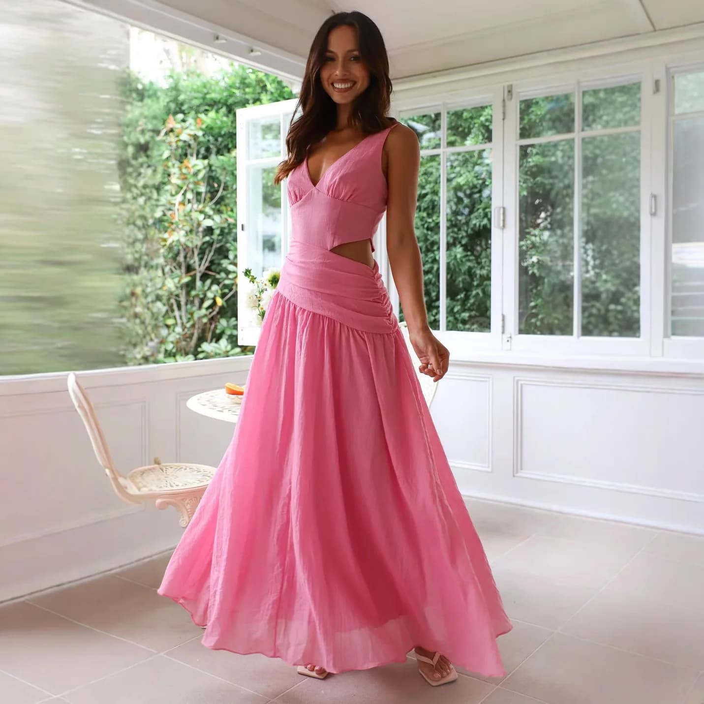 New Long Summer Casual Sleeveless Dress, Elegant Women's Dress with V Neckline, Single Color Simple Dress with Neck Discovered