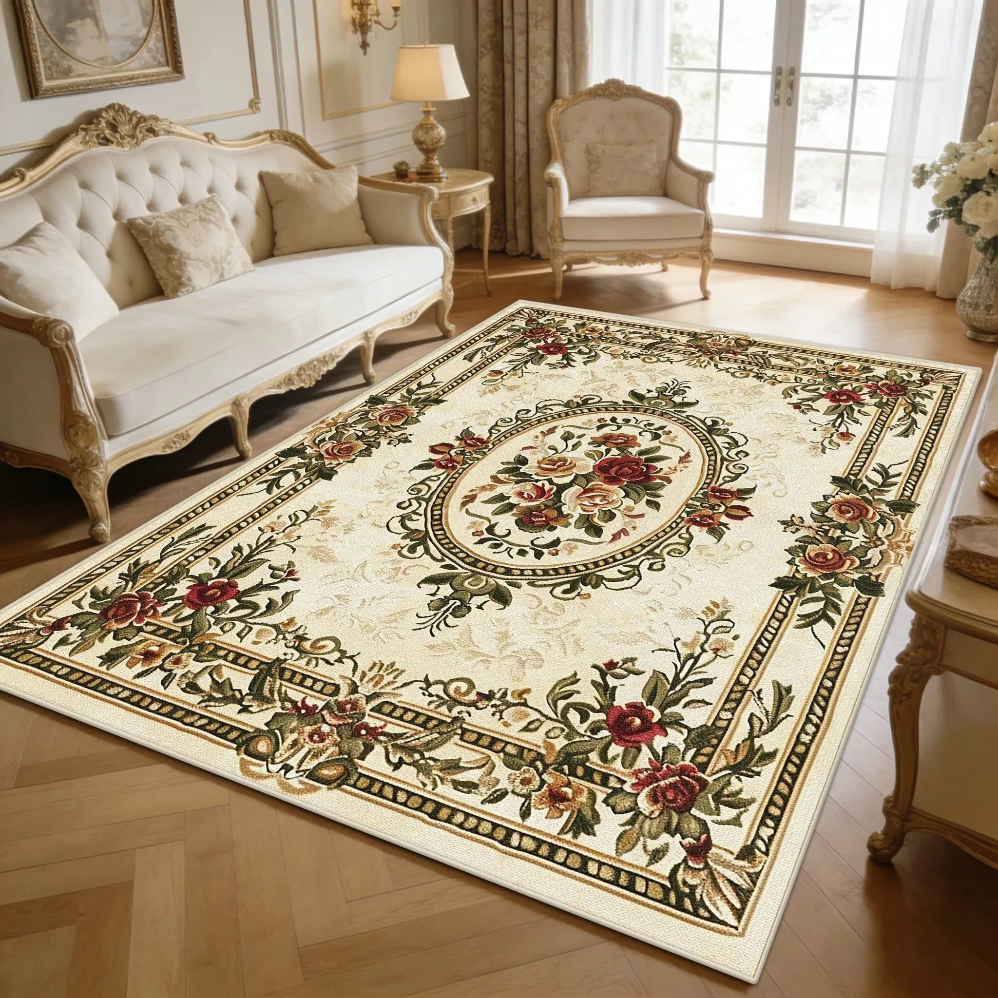 European Luxury Flower Beige Living Room Decorating Bedroom Bedside Table Non-slip Carpet Large area Easy to clean carpets