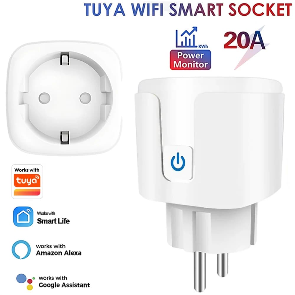 Intelligent Tuya Wifi 20A EU with Energy Monitoring Function, Remote Control via Smart Life App, Compatible with Alexa and Google Home