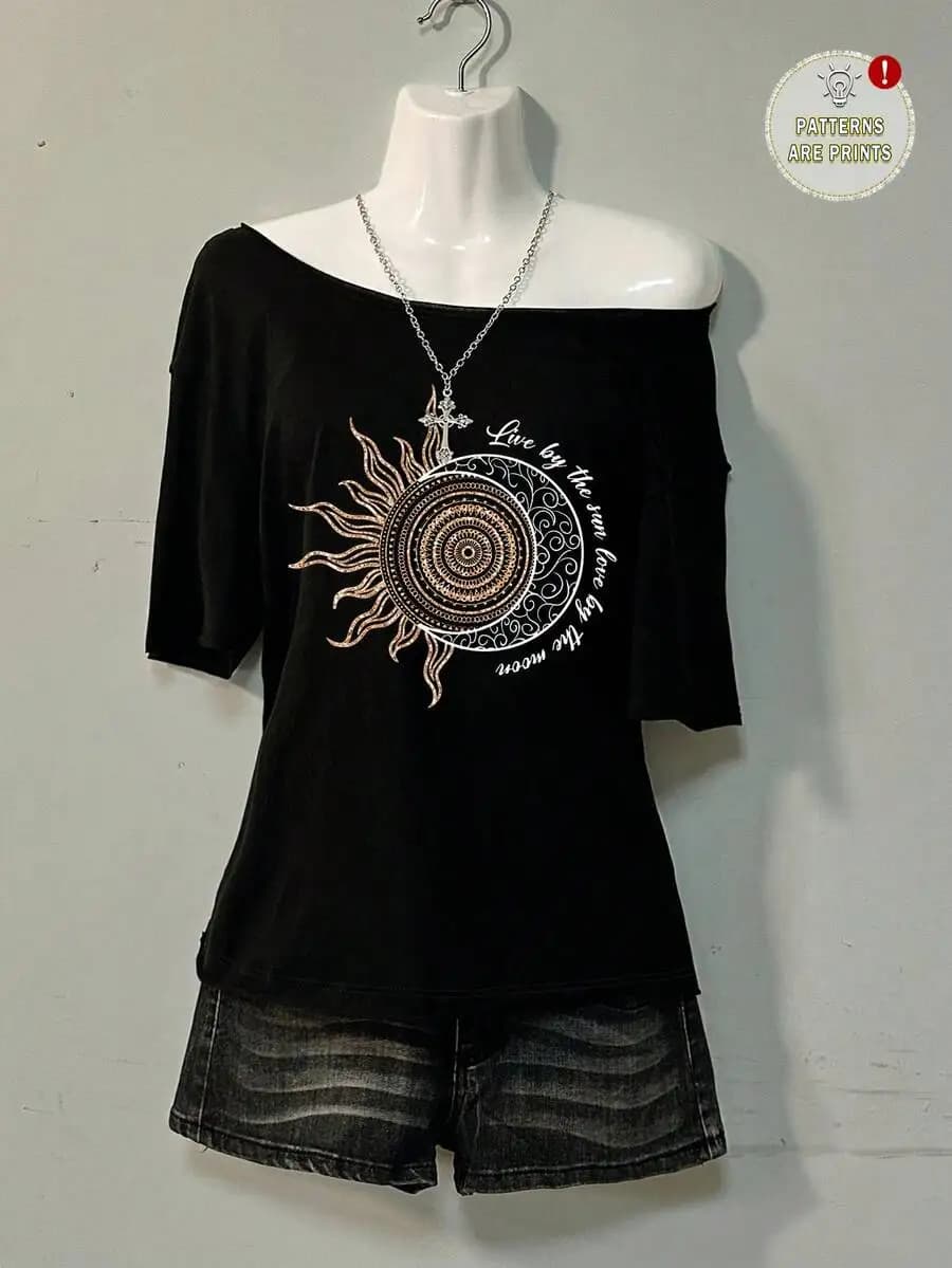 Off Shoulder Loose Casual T-Shirt With Sun Moon Print For Women Summer