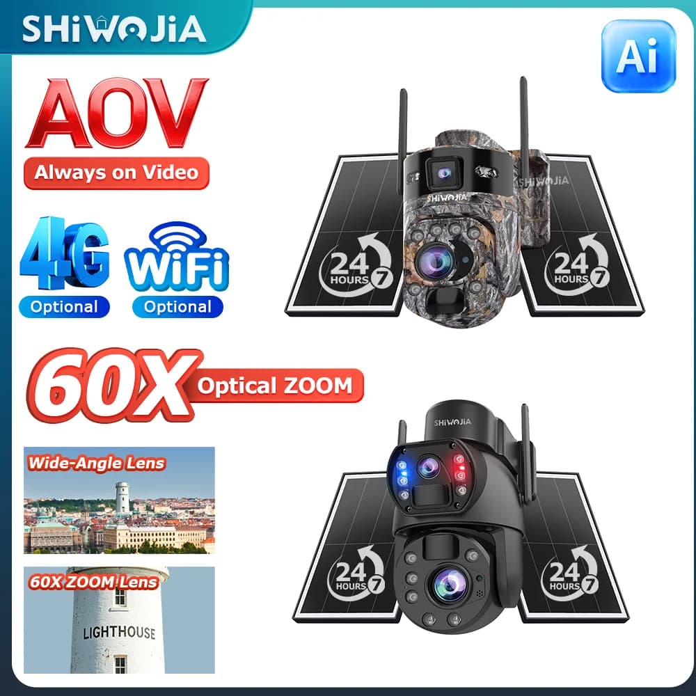 SHIWOJIA 12MP 60X 4G Solar Security Camera Wireless Outdoor AI Human/Animal Detection 2-Way Talk IP66 Waterproof Wildlife Camera