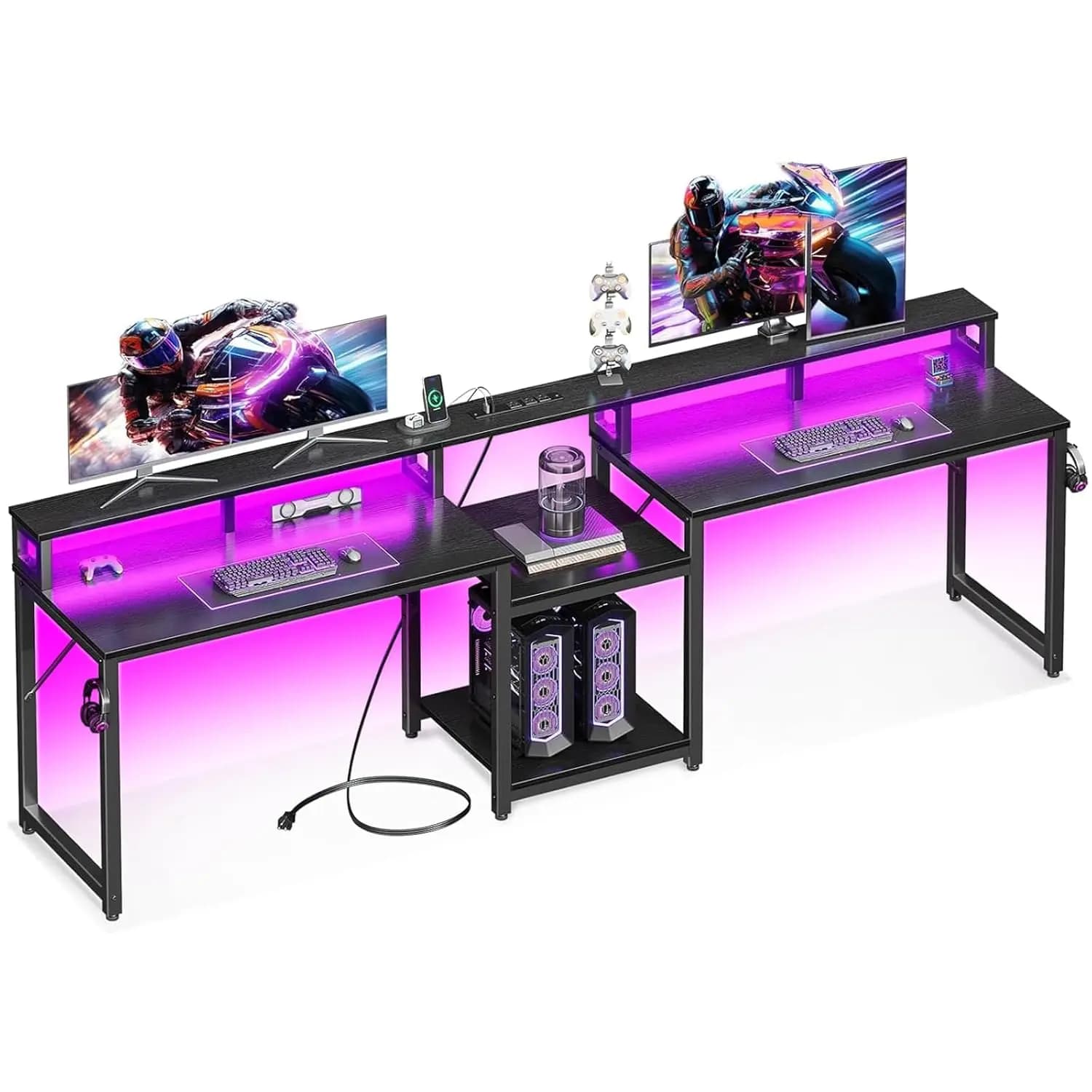 Scrivania da Gaming Doppia 98 Pollici con Ripiani Portaoggetti, Supporto Monitor USB LED, Tavolo da Ufficio e Studio Nero Personalizzabile