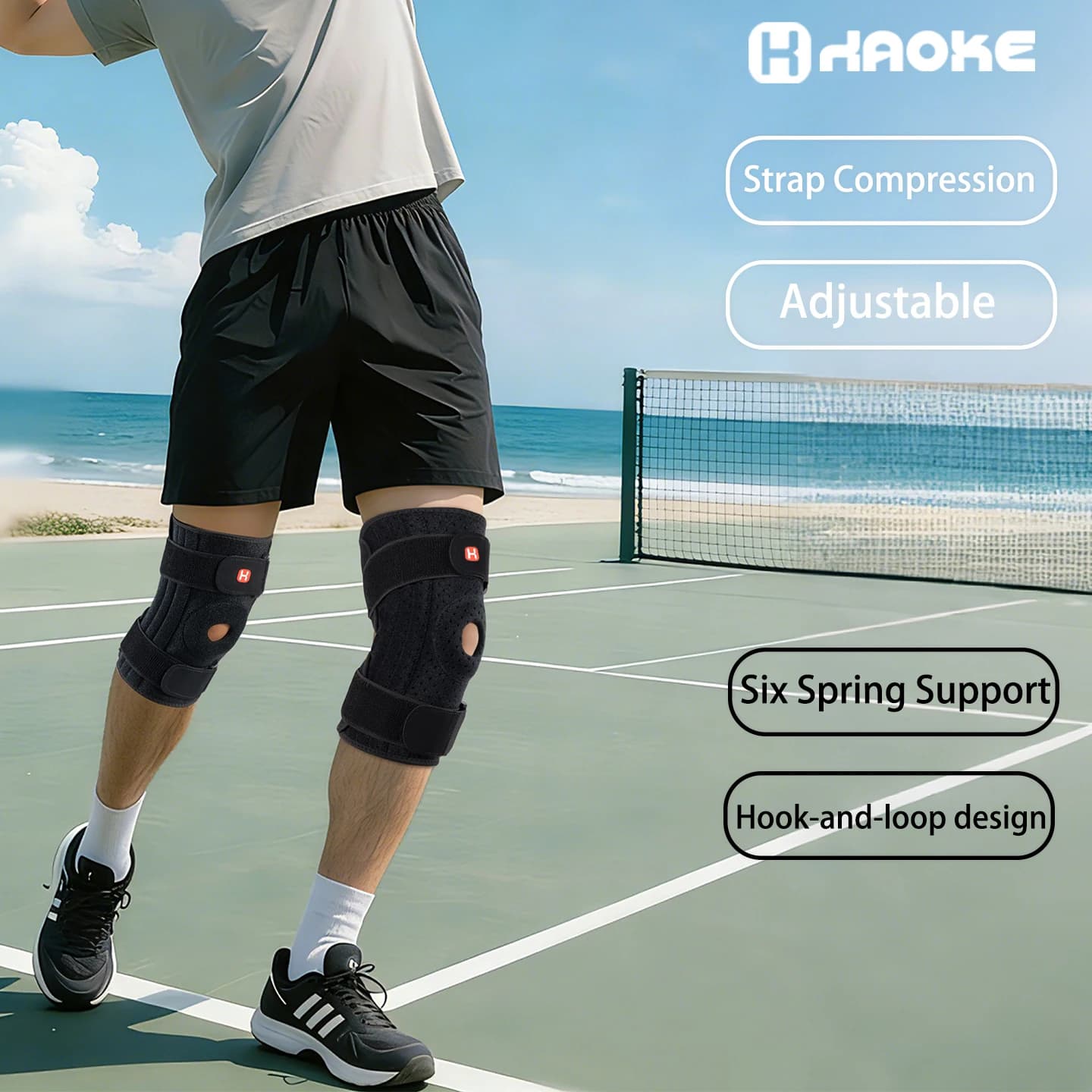 Supporto per Ginocchio a Sei Molle, Cinghia di Compressione Regolabile, Design Traspirante con Chiusura a Strappo