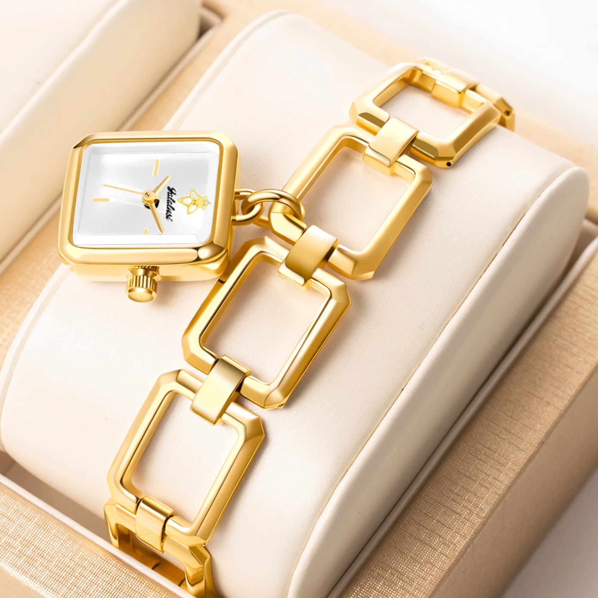YaLaLuSi Luxury Gold Hollow Chain Square Pendant Watch Women Minimalist Analog Quartz Dress Wristwatch