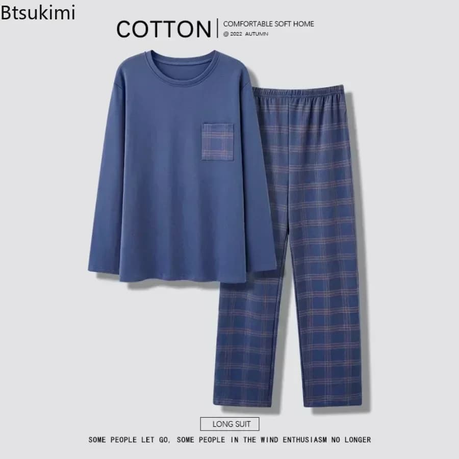 Pigiama da uomo 2026 in 100% puro cotone, due pezzi, alla moda, con stampa patchwork, maniche lunghe, pantaloni larghi, per casa e relax