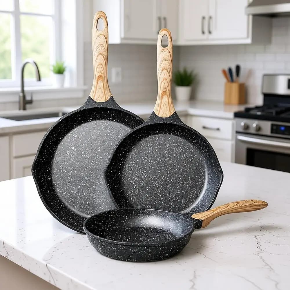 Set of Anti-stick pans, Set of 3 Omelet pans, 8 9.5 11 Anti-stick Granite Powders with Bakelite Handle, Compatible with
