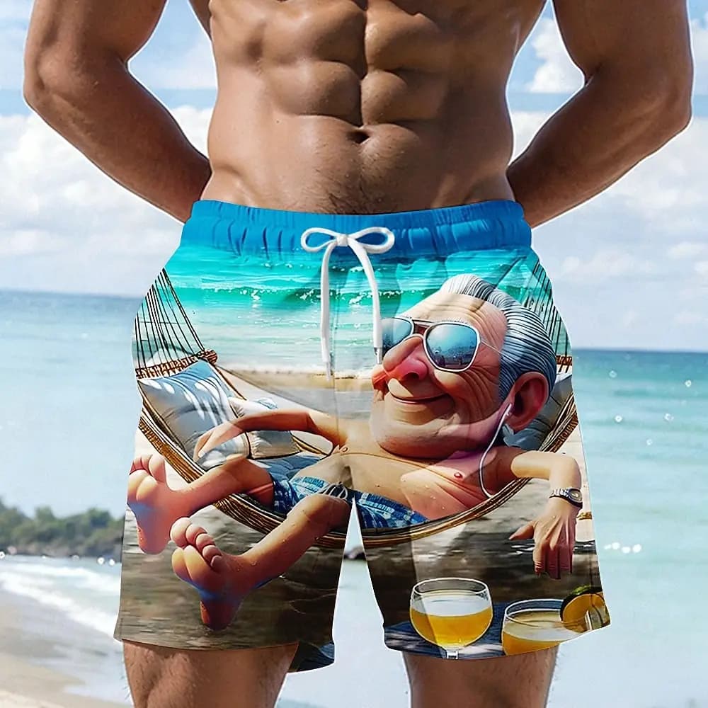 Funny Old Man Print Swim Trunks Casual Personality Party Bathing Suits Outdoor Hawaiian Board Shorts Summer Vacation Beach Pants