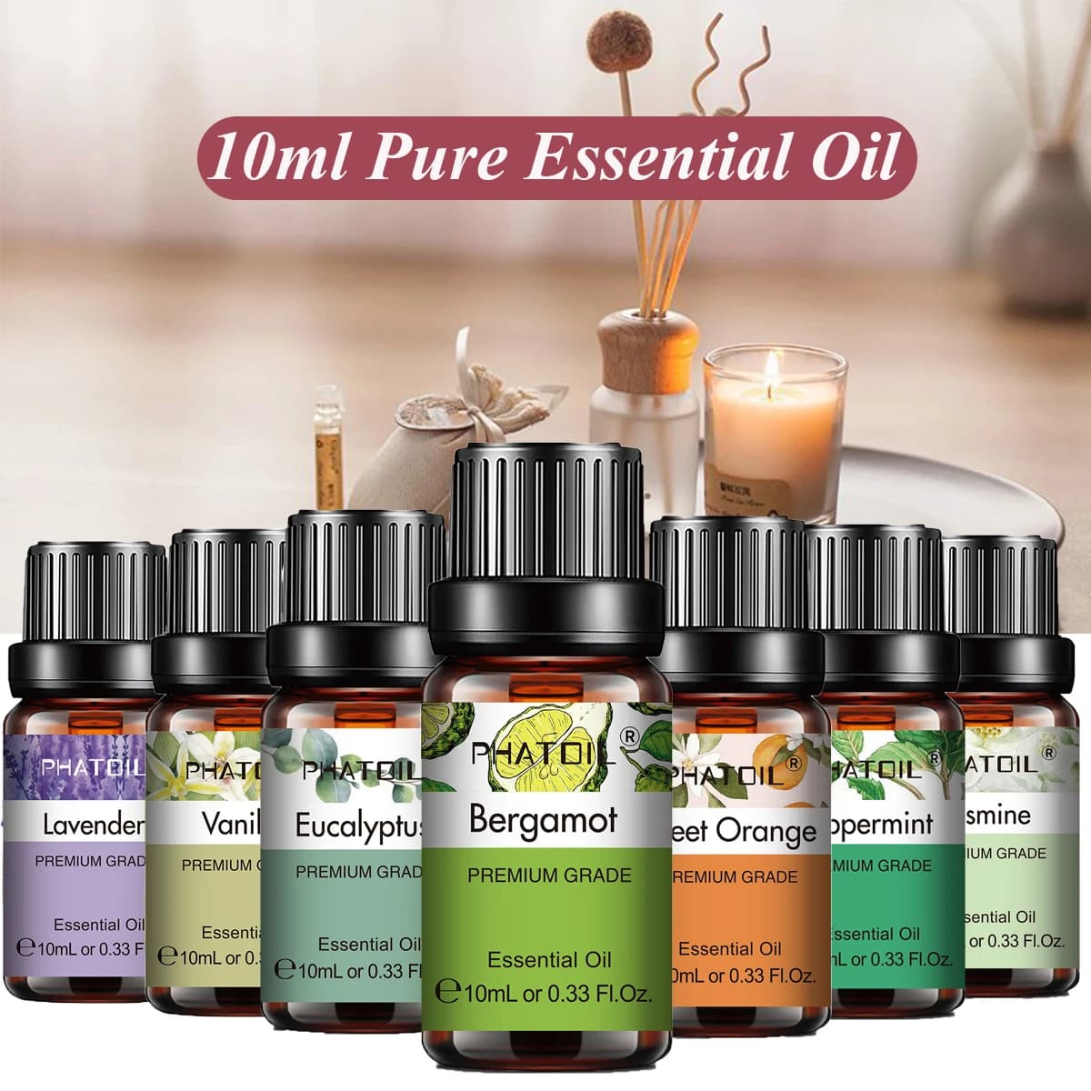 PHATOIL Essential Oil Natural Vegetal 10ml Eucalyptus Lavender Bergamotto Vaniglia Menta Piperita 1PCS Essential Oil Aroma For Diffuser