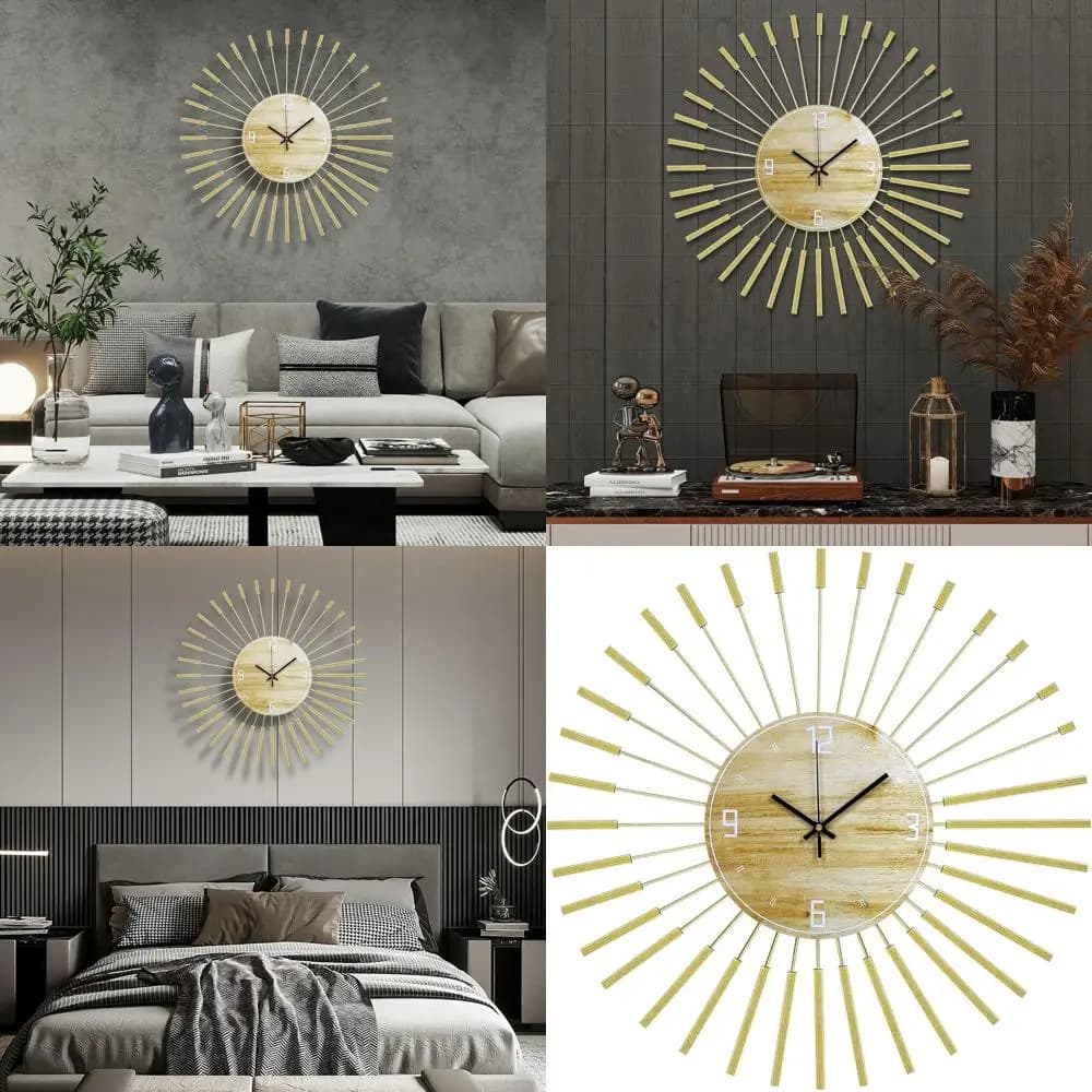 Orologio da parete Gold Starburst da 23,6 pollici, in metallo e legno, stile Mid-Century Modern, orologi decorativi per soggiorno, camera da letto, cucina, ufficio