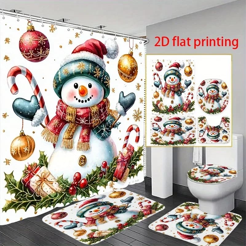 4pcs Snowman Candy Cane Shower Curtain Set, 2D Flat Print Bathroom Decor with 12 Hooks, for Modern Home