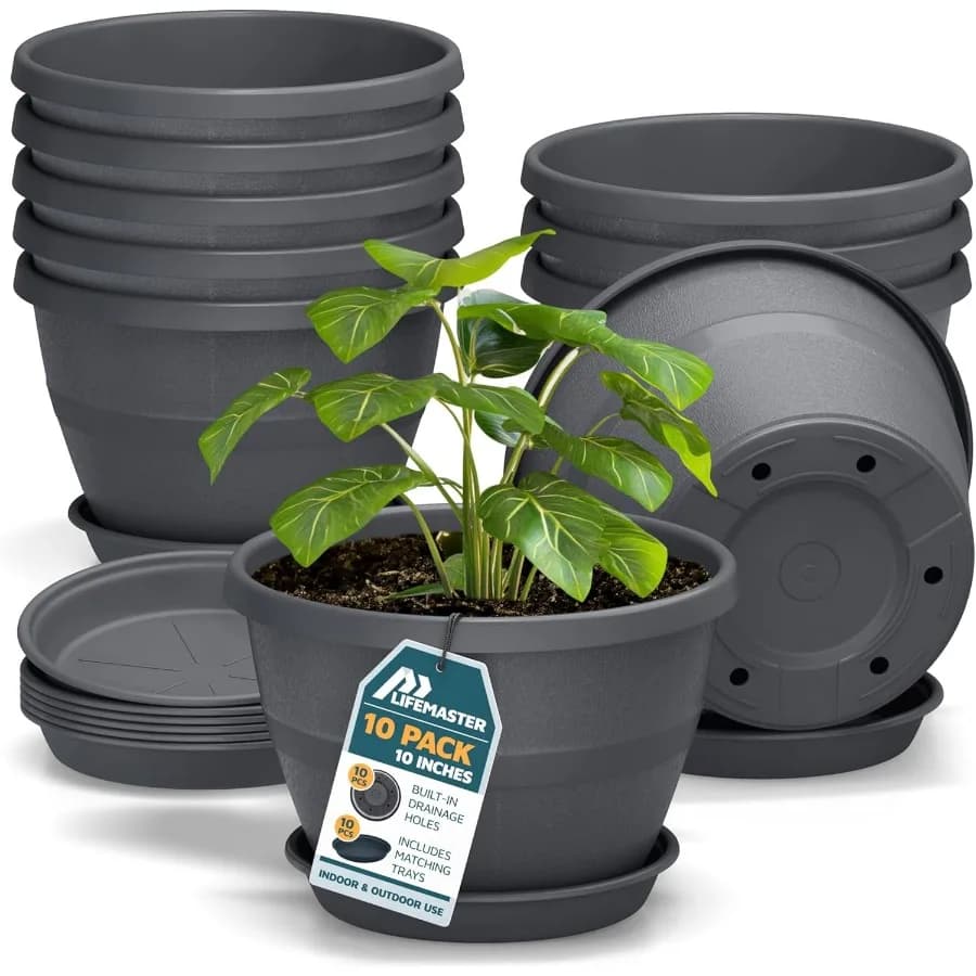 10-Inch Whiskey Barrel Planters Outdoor Pack of 10 - Durable Plastic Plant Pots for Indoor and Outdoor Use with Drainage and Sa