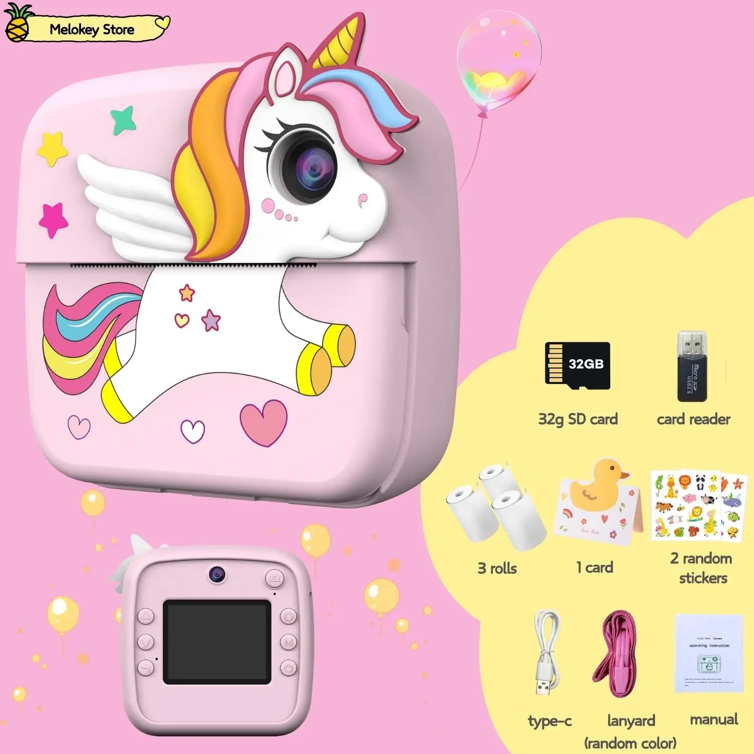 Kids Photo Camera Printer with Game Cute Pink Mini Digital Video Child Instant Print Camera Kids Girls Boys Birthday Gift