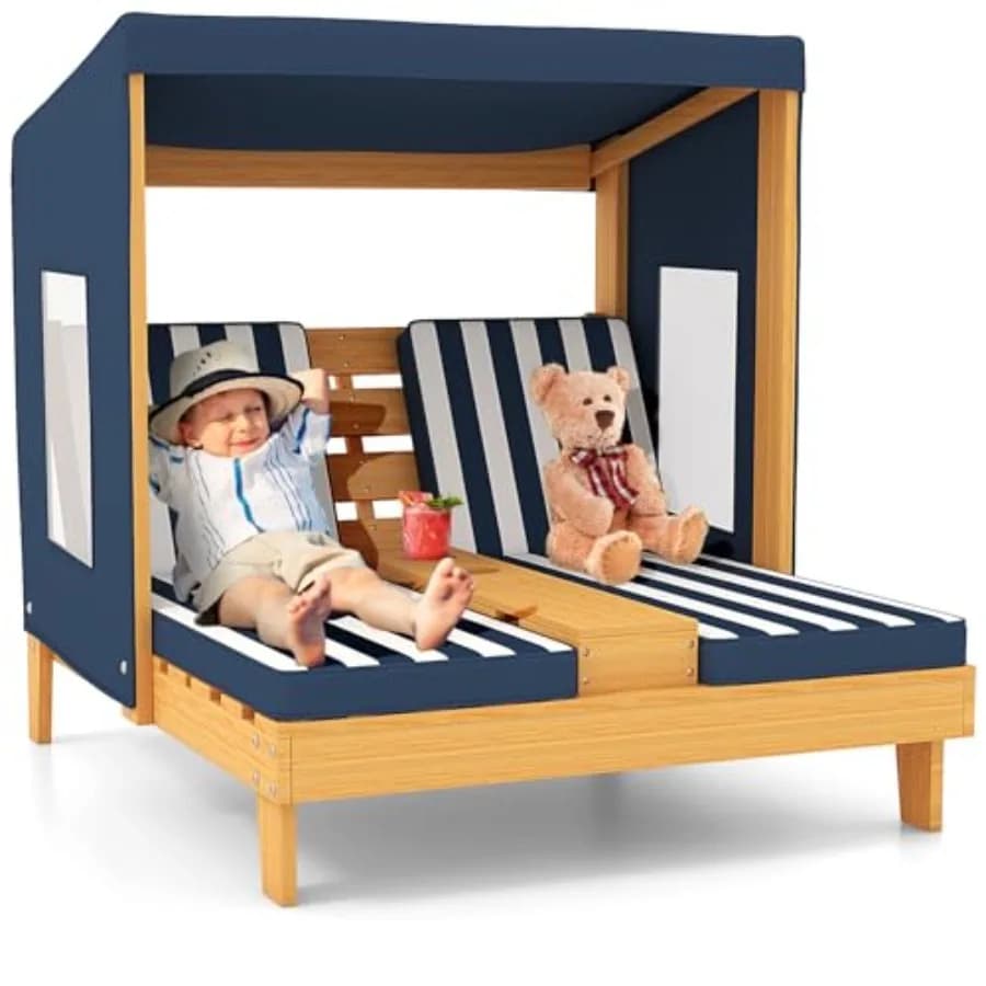 Sdraio da Esterno in Legno a Due Posti con Tettuccio, Portabicchieri, Cuscino, Schienale Reclinabile, Arredo da Giardino, Regalo