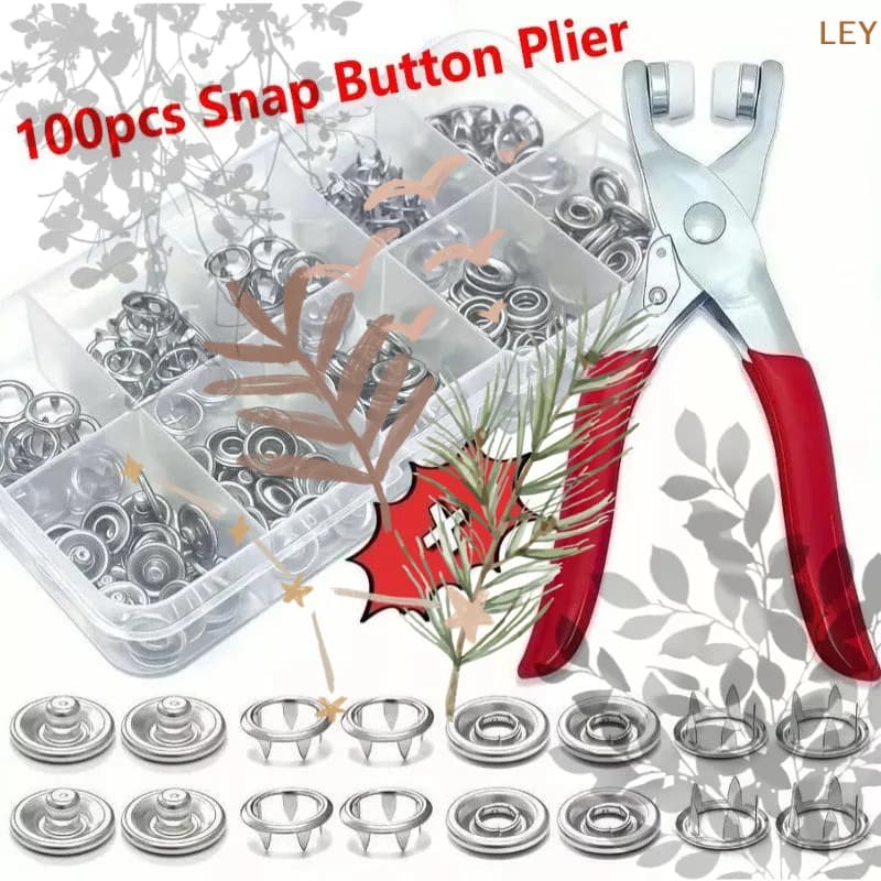 Applicator Pliers With 100: Metal Snap Buttons Complete Kit Clothing Sewing Crafts