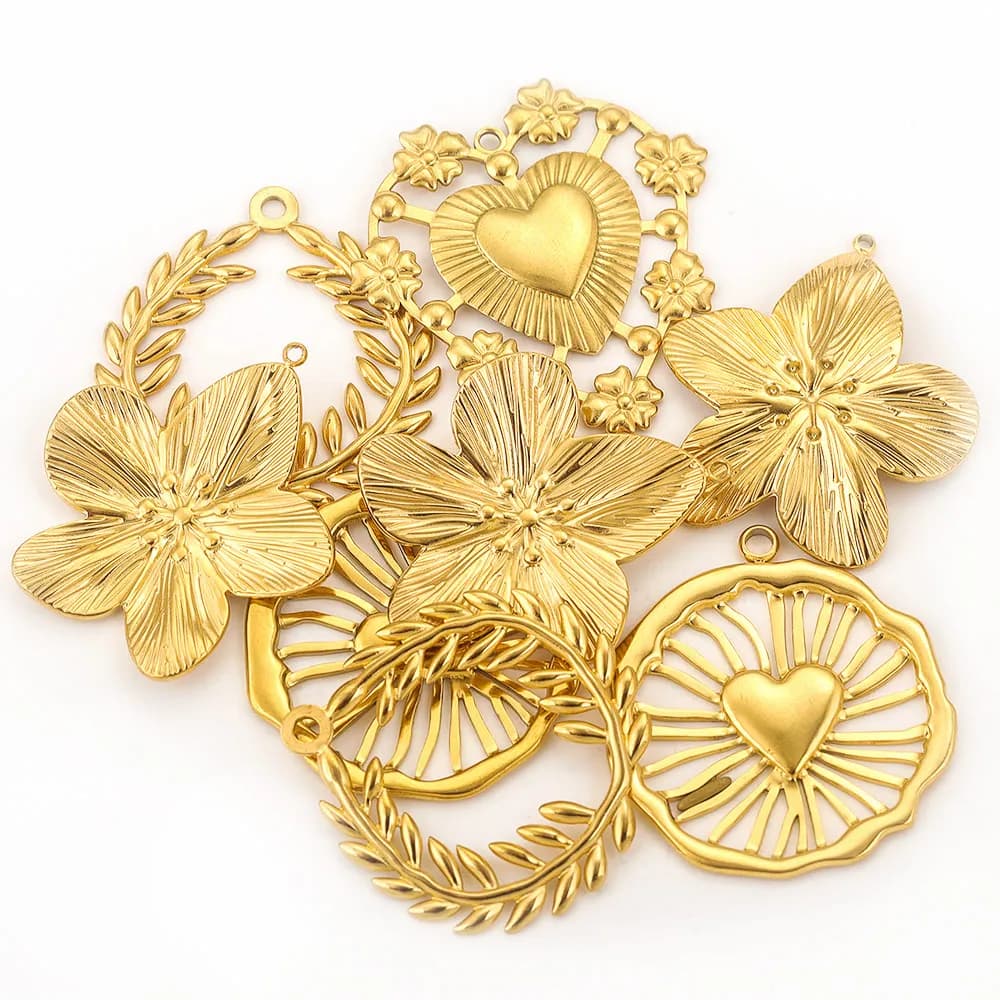 5Pcs/Lot Stainless Steel Gold Plated PVD Charms Flower Wreath Vintage DIY Necklace Earrings Jewelry Making Accessories Wholesale