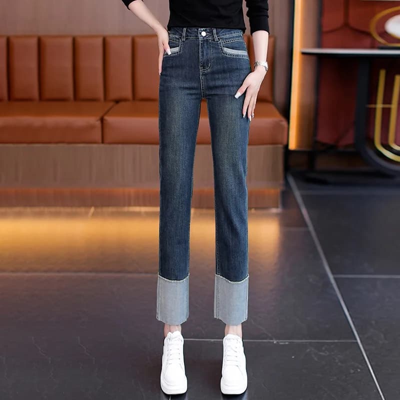 Straight leg jeans for women, spring and autumn, high waist, slimming, versatile, nine-pointed, Petite, black pants