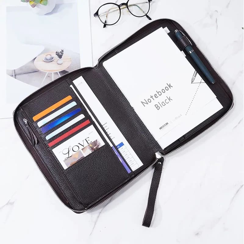 Genuine Pebbled Grain Leather A5 Zip Cover with Top Pocket Cowhide Planner Zipper Notebook Organizer Agenda Journal Diary