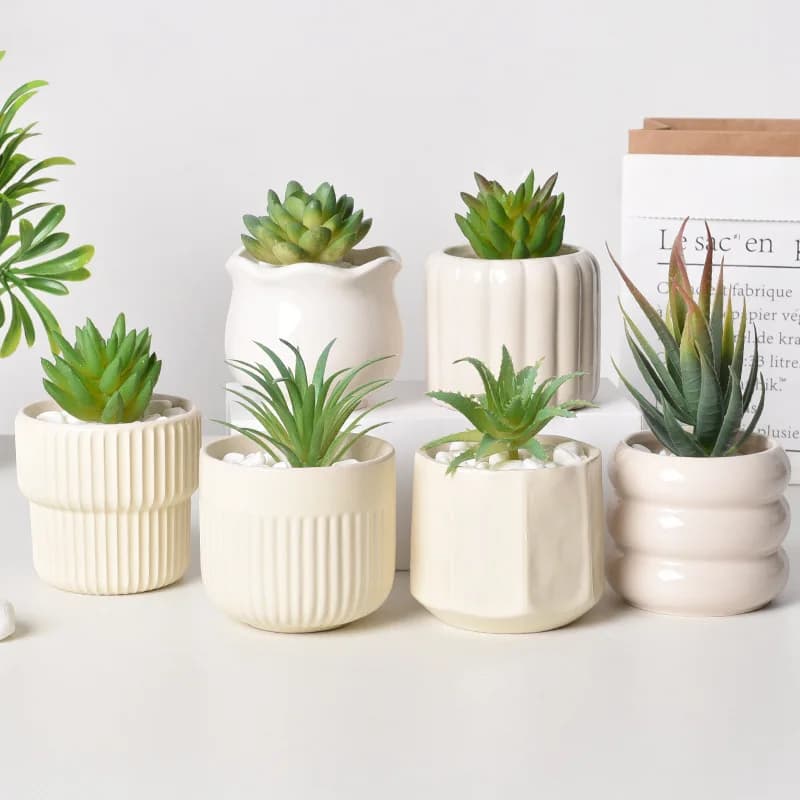 Ceramic Self-Watering Succulent Planter, White Minimalist Pot with Drainage Hole, Indoor Desktop Flower Plant Pot for Home Decor
