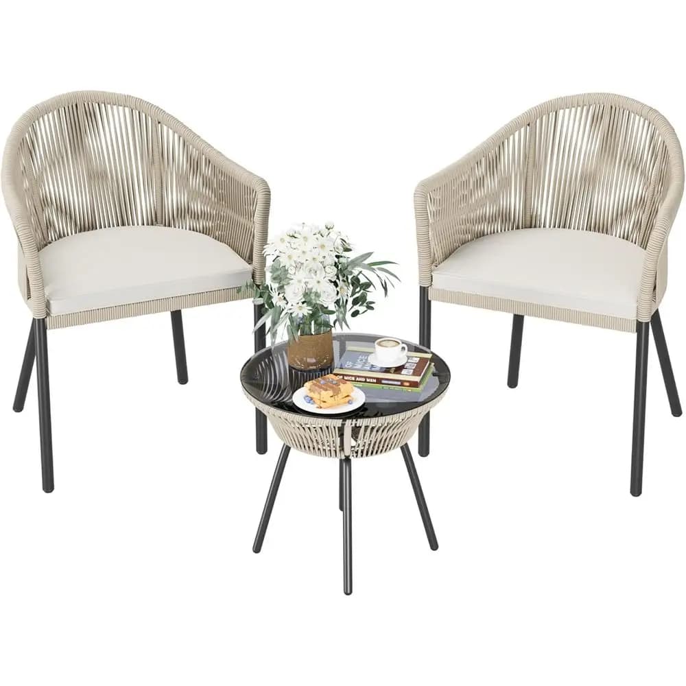 Set Bistrot da Esterno in 3 Pezzi con Sedie in Corda Intrecciata, Cuscini e Tavolo in Vetro per Patio, Balcone o Giardino