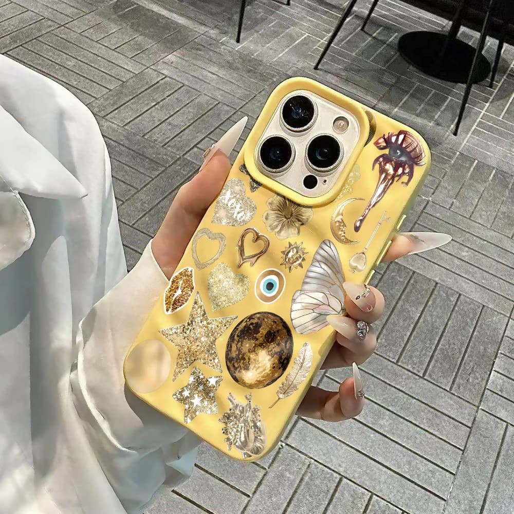 Custodia per telefono Luxury Golden Star Collage per iPhone 17 16 15 14 13 12 11 Pro Max 14 Plus 17 Air, Cover in silicone morbido con effetto onda e rughe
