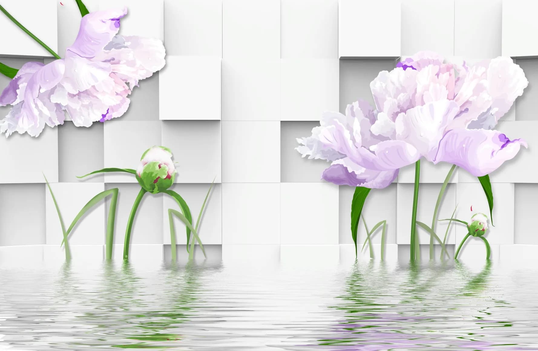 Carta da parati personalizzata con motivo floreale in marmo, riflesso di rose in un quadro con sfondo acquatico, pittura per sfondo TV/divano, carta da parati 3D