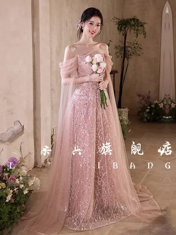 Princess Style Wedding Dress One Shoulder Pink Adult Ceremony Hostess Gown Engagement Skirt Korean Version Resin Diamond Detail