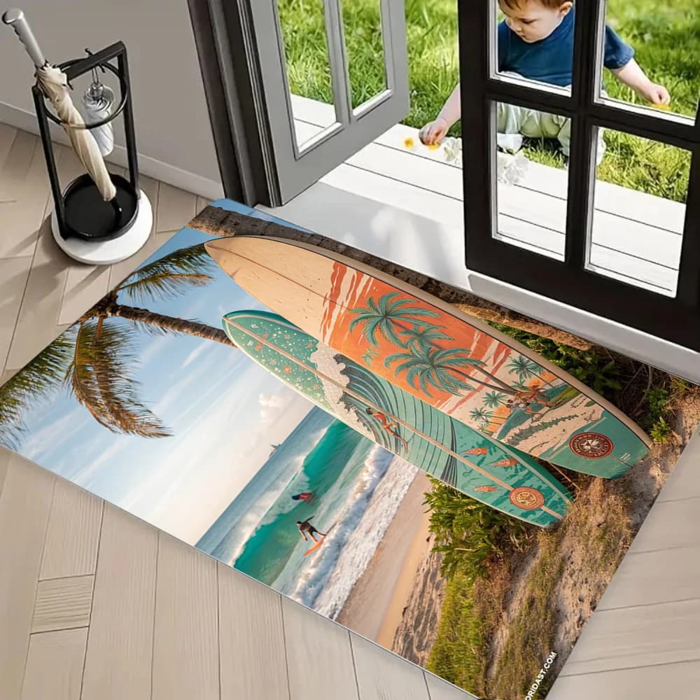 Wave Surfboard Pattern Doormat Washable Welcome Mat for Living Room Bedroom Kitchen Home Decor Nautical