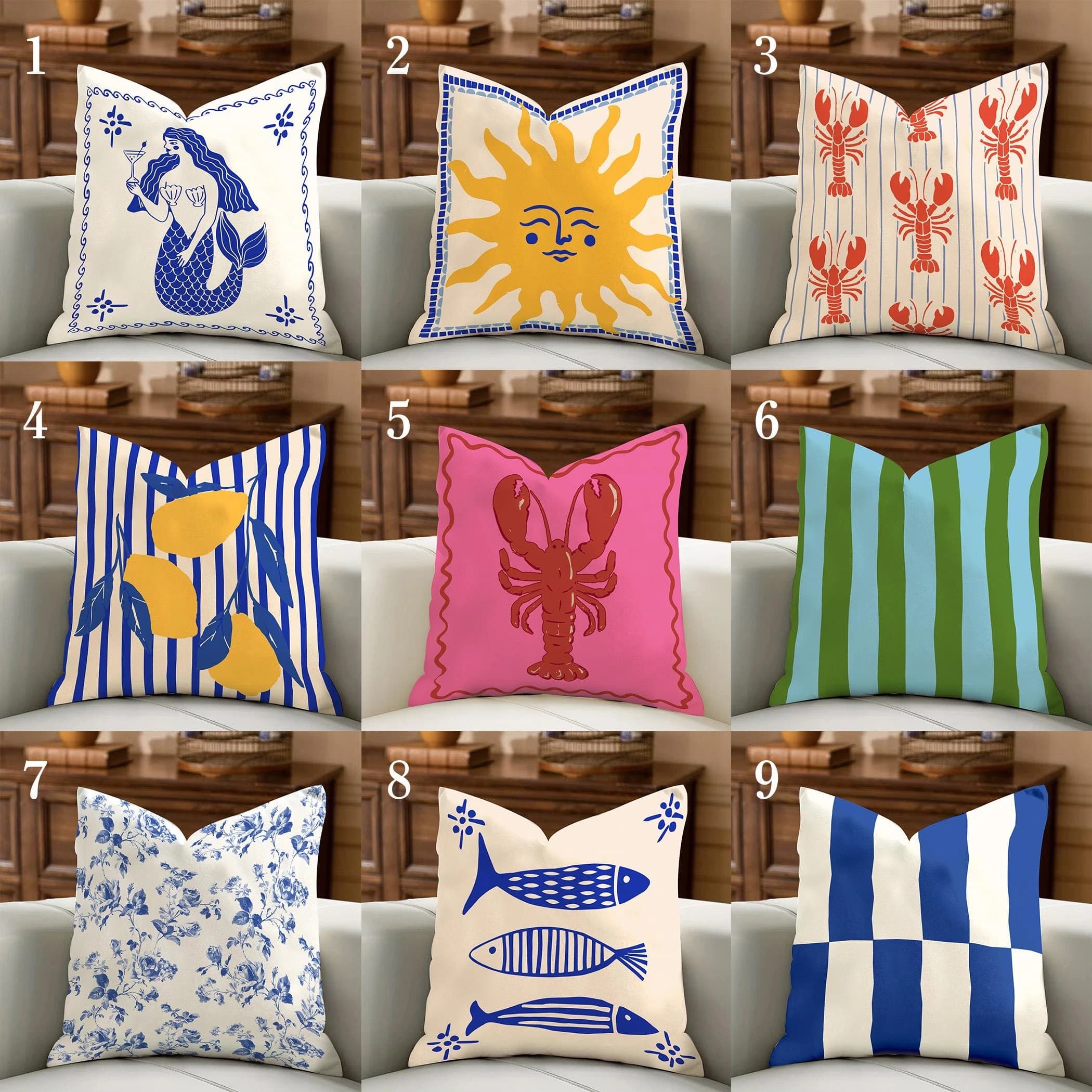 Fodera per cuscino 1 pz, stile La Dolce Vita, federa nautica mediterranea, decorazione estiva eclettica, regalo per casa al mare