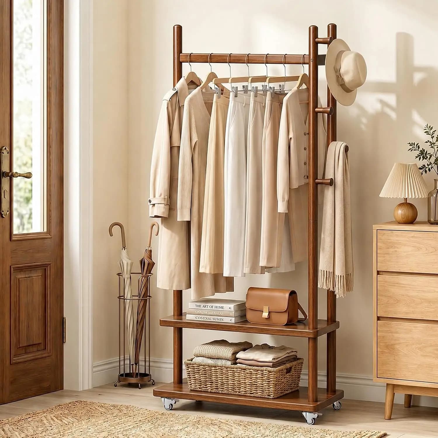Freestanding Wood Clothing Rack on Wheels with 2-Tier Storage Shelves & 4 Hooks, Mobile Coat Tree Organizer for Hallway Bedroom, Walnut