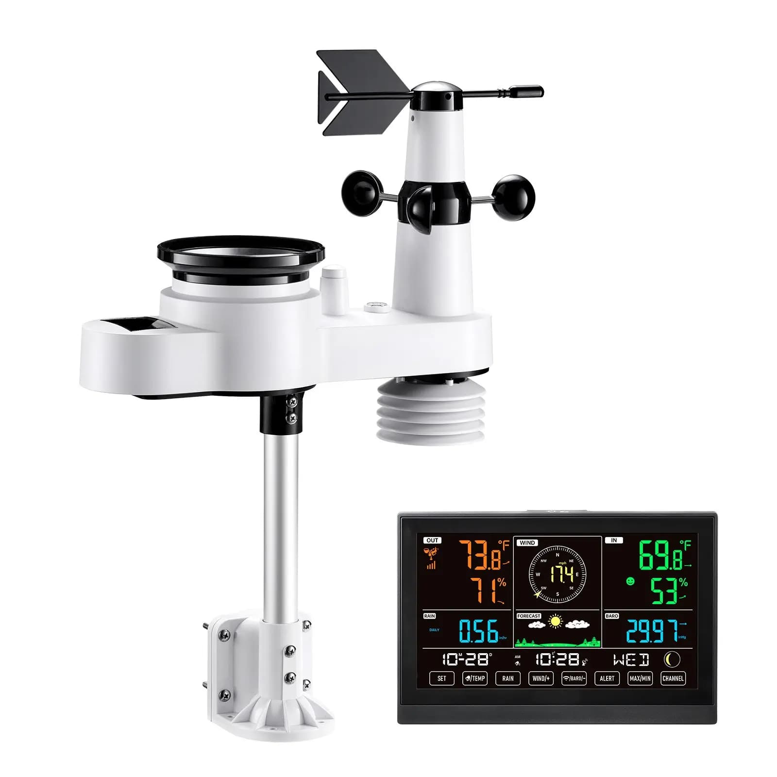 5 in 1 wireless weather station with 7.5 inch display, indoor and outdoor thermometer sensor