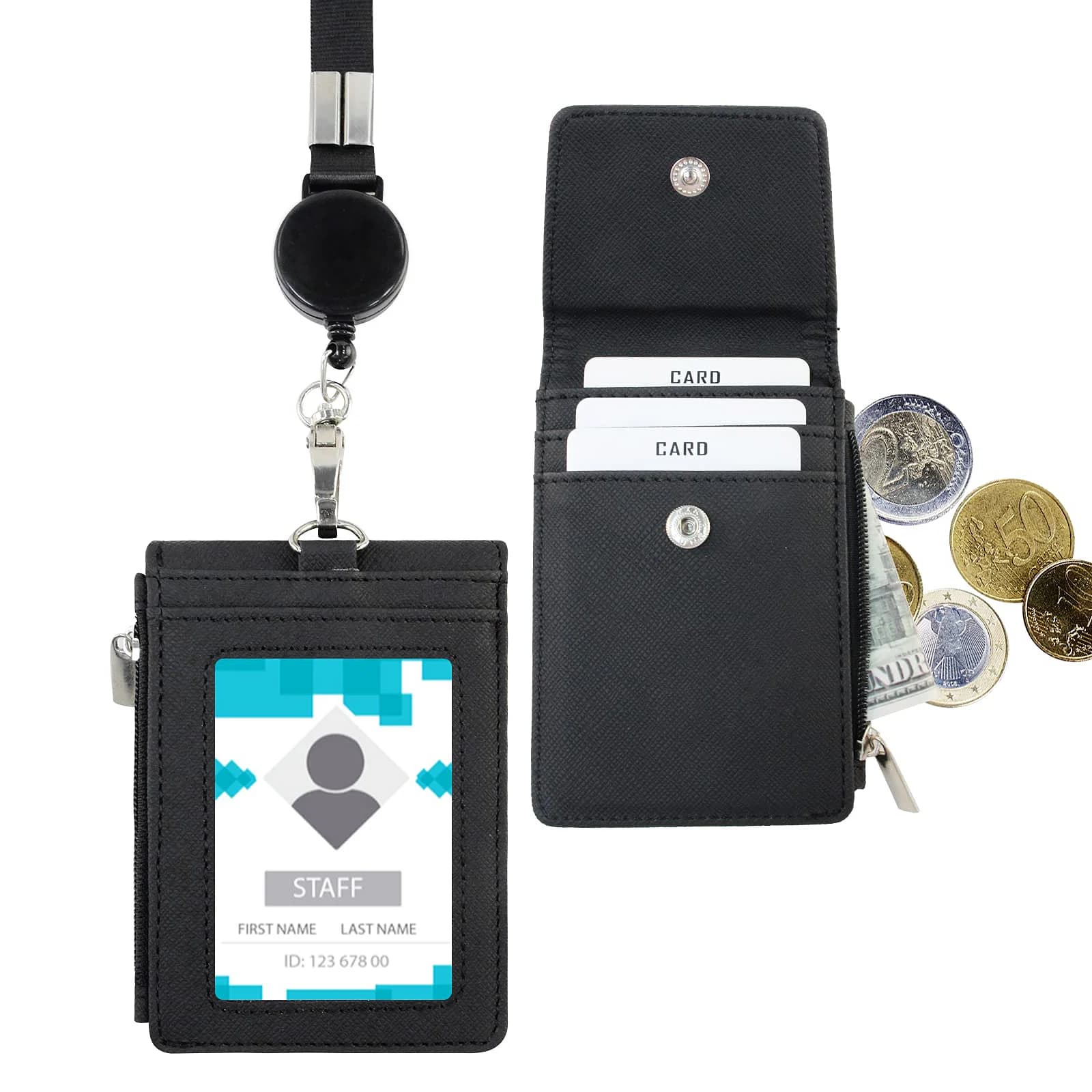Porta badge identificativo con cordino multiuso Tasca con cerniera in pelle PU con 4 slot per carte per l'identificazione di carte di credito scolastiche per uffici