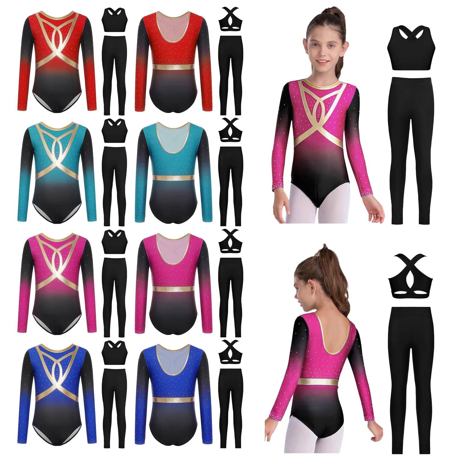 Set 3 Pezzi per Bambine: Completo da Ginnastica Ritmica, Balletto e Pattinaggio Artistico con Body Glitterato, Gilet e Leggings