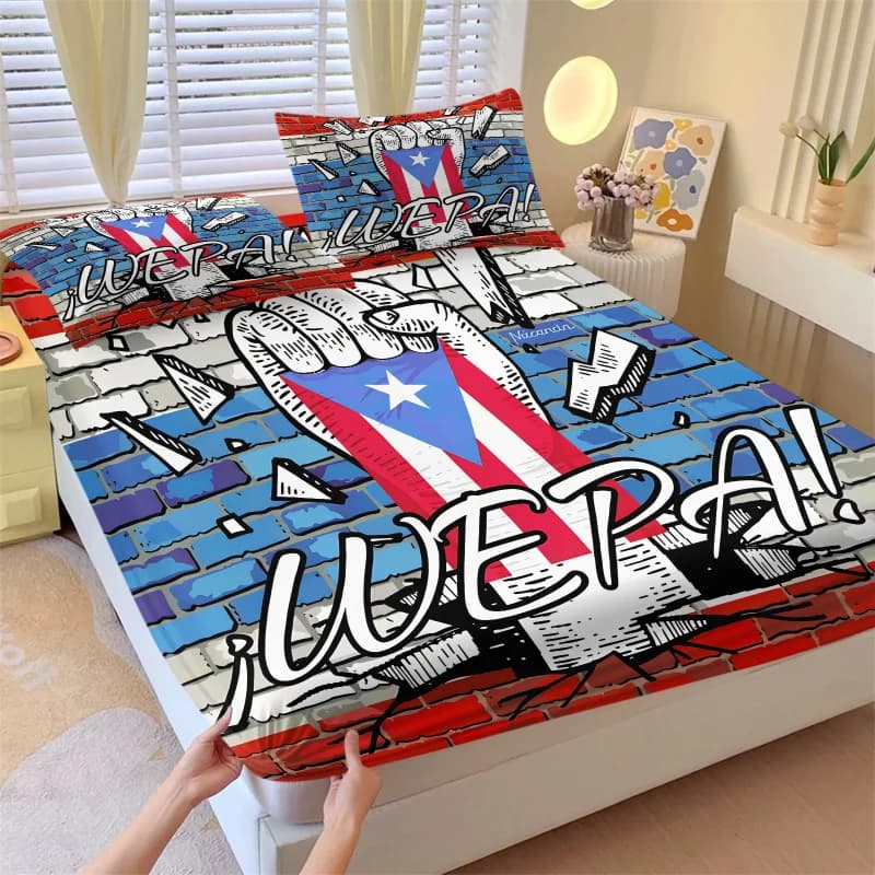 Puerto Rico WEPA Graffiti Fitted Sheet Set Brick Wall Raised Fist Flag Print Bed Sheet Pillowcase Soft Microfiber Bed Linen
