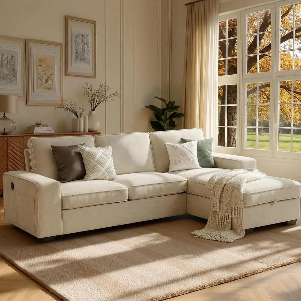 Divano a L in ciniglia a 3 posti con chaise longue, contenitore, seduta profonda, braccioli ampi, ricarica USB, coperture rimovibili, beige