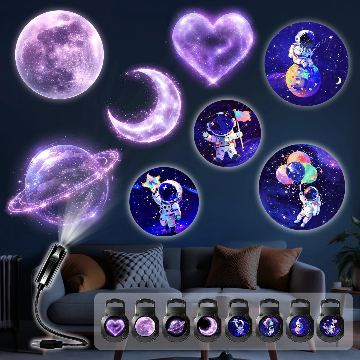 Proiettore di luci Planet, include 8 pannelli luminosi diversi, adatti per decorazioni a soffitto e luci notturne da comodino.